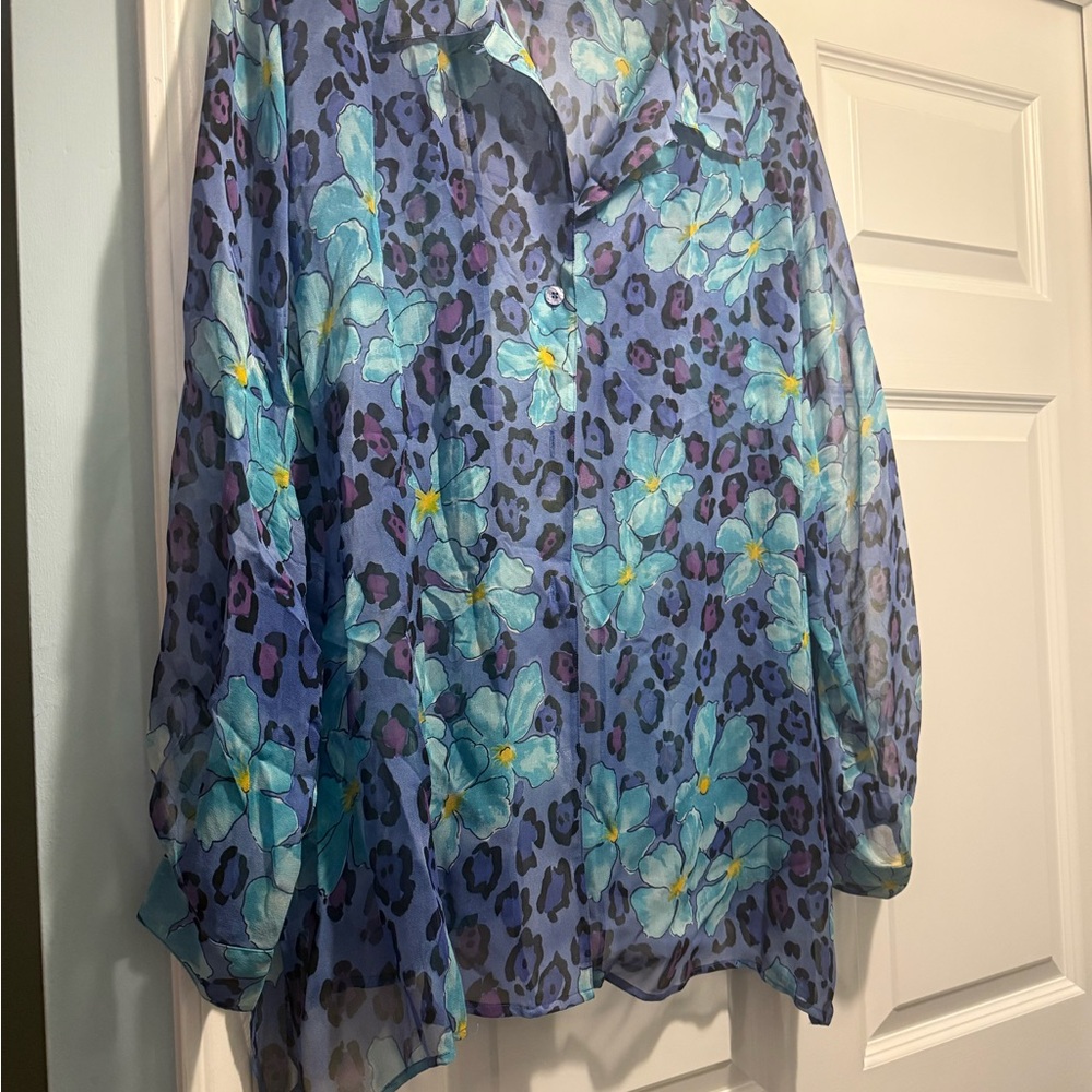 Crossing Pointe Floral Blue Sheer Women's Top 100% Silk Size 2X